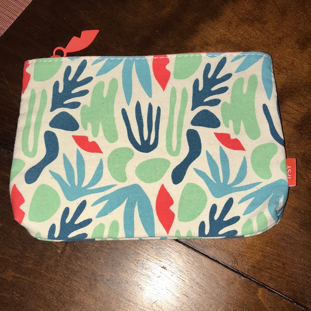 IPSY Cloth Lips and Plant Print Zippered Makeup Cosmetic Bag